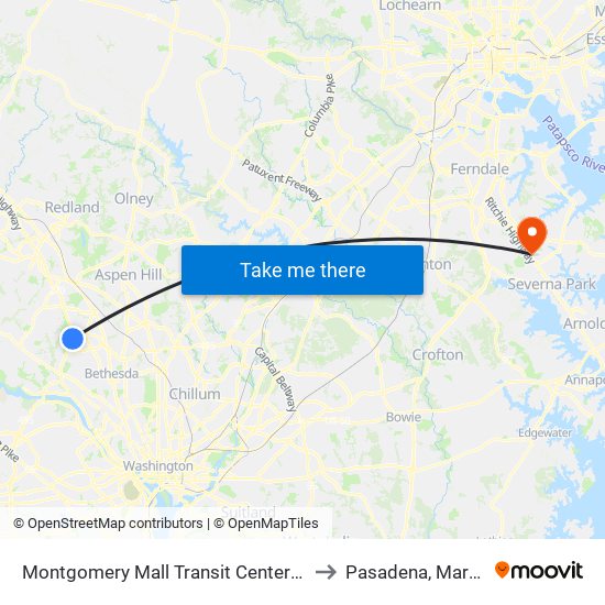 Montgomery Mall Transit Center & Bay B to Pasadena, Maryland map