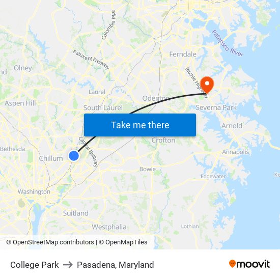 College Park to Pasadena, Maryland map