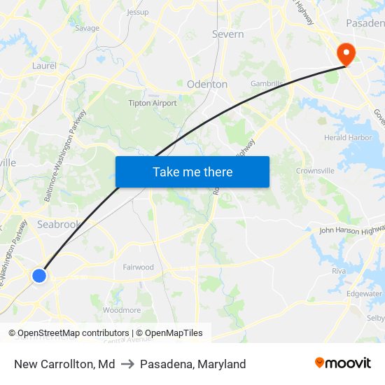 New Carrollton, Md to Pasadena, Maryland map