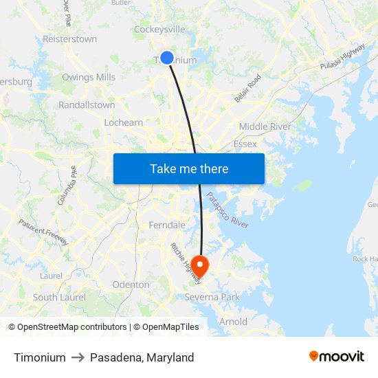 Timonium to Pasadena, Maryland map