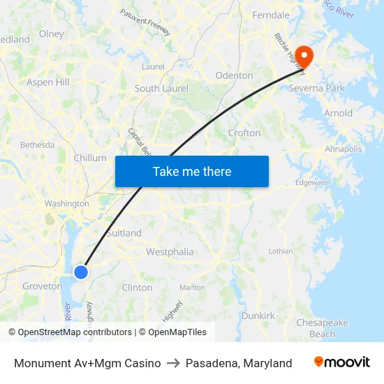 Monument Av+Mgm Casino to Pasadena, Maryland map