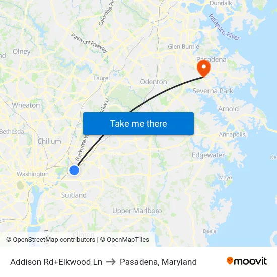 Addison Rd+Elkwood Ln to Pasadena, Maryland map