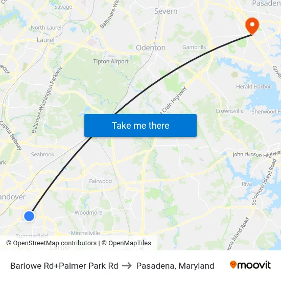 Barlowe Rd+Palmer Park Rd to Pasadena, Maryland map