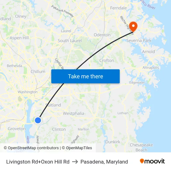 Livingston Rd+Oxon Hill Rd to Pasadena, Maryland map