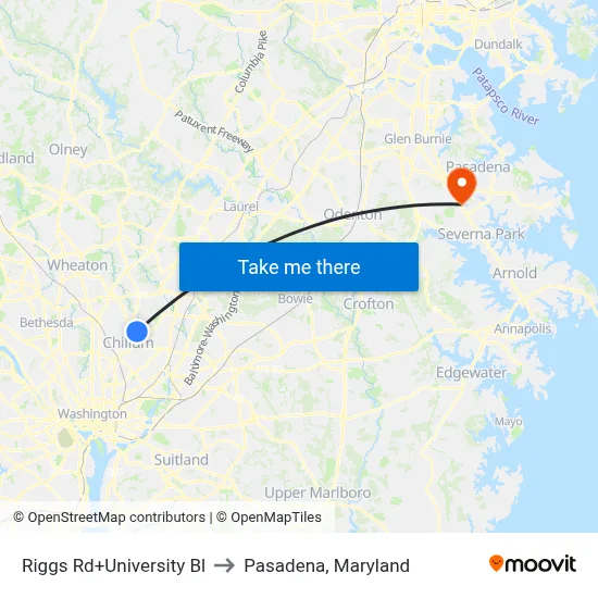 Riggs Rd+University Bl to Pasadena, Maryland map