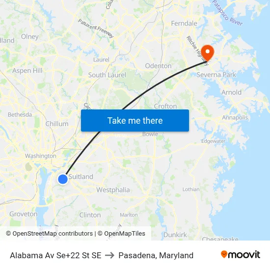 Alabama Av Se+22 St SE to Pasadena, Maryland map