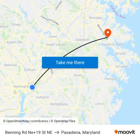 Benning Rd Ne+19 St NE to Pasadena, Maryland map