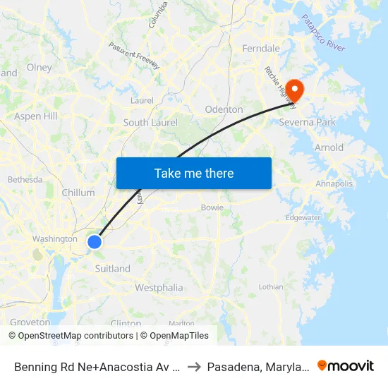 Benning Rd Ne+Anacostia Av NE to Pasadena, Maryland map