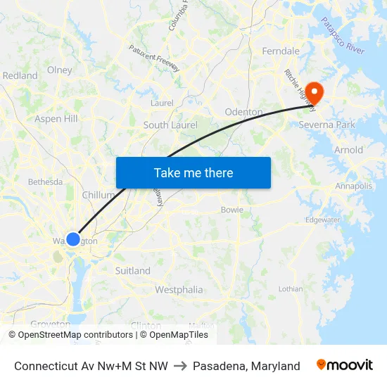 Connecticut Av Nw+M St NW to Pasadena, Maryland map