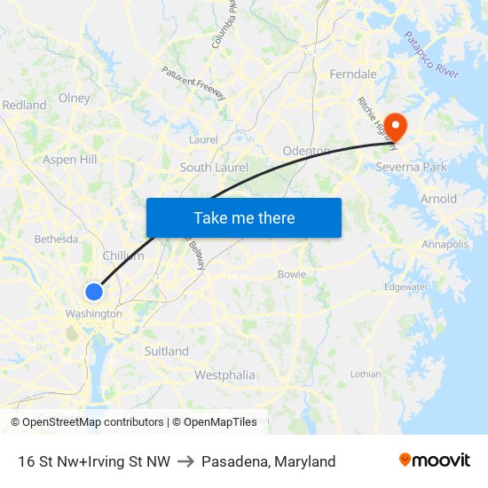 16 St Nw+Irving St NW to Pasadena, Maryland map