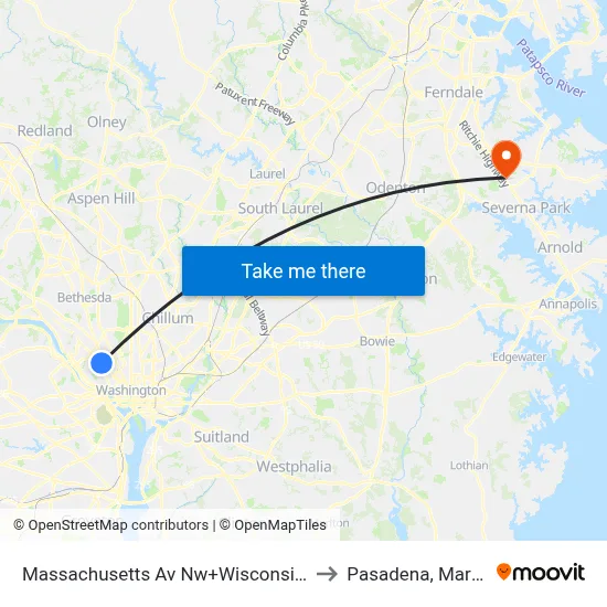 Massachusetts Av Nw+Wisconsin Av NW to Pasadena, Maryland map