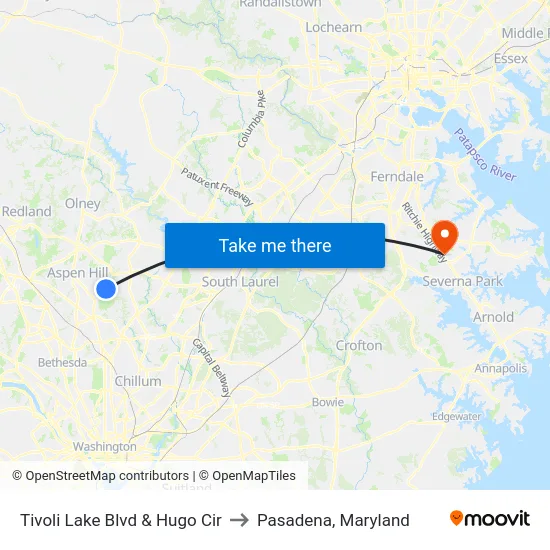 Tivoli Lake Blvd & Hugo Cir to Pasadena, Maryland map