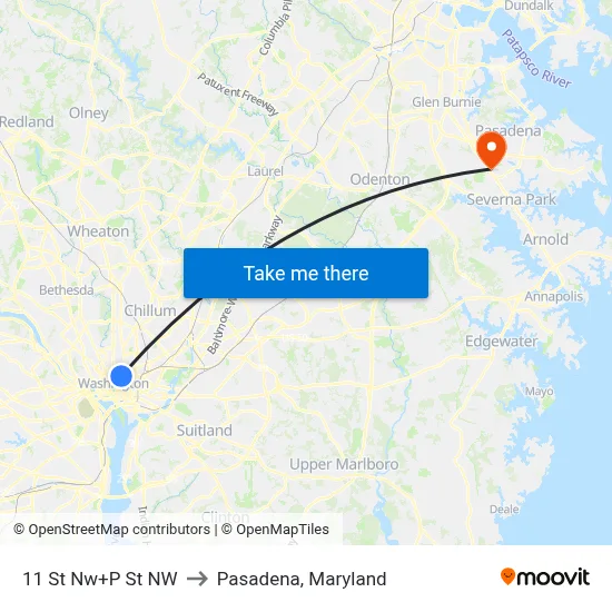 11 St Nw+P St NW to Pasadena, Maryland map