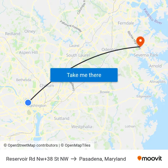 Reservoir Rd Nw+38 St NW to Pasadena, Maryland map