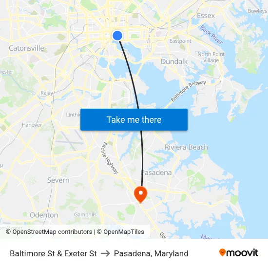 Baltimore St & Exeter St to Pasadena, Maryland map