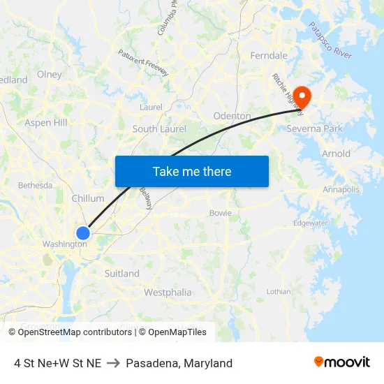 4 St Ne+W St NE to Pasadena, Maryland map