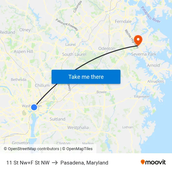 11 St Nw+F St NW to Pasadena, Maryland map