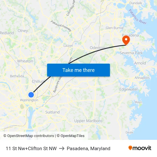 11 St Nw+Clifton St NW to Pasadena, Maryland map