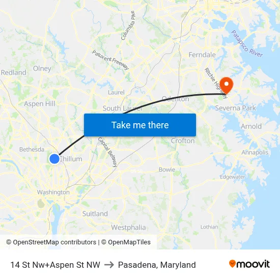 14 St Nw+Aspen St NW to Pasadena, Maryland map