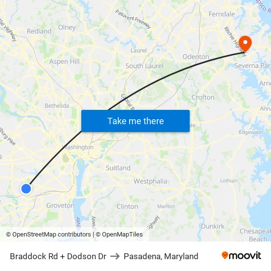 Braddock Rd+Dodson Dr to Pasadena, Maryland map