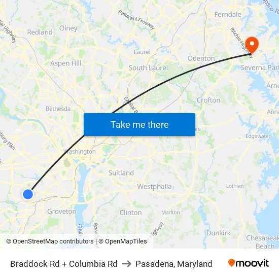 Braddock Rd+Columbia Rd to Pasadena, Maryland map