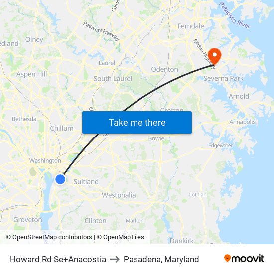 Howard Rd Se+Anacostia to Pasadena, Maryland map