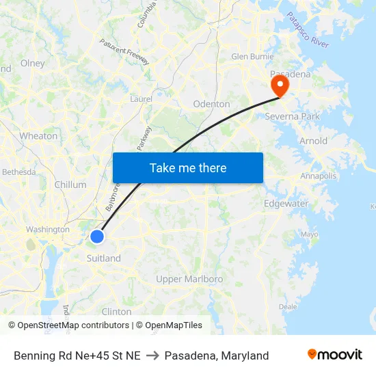 Benning Rd Ne+45 St NE to Pasadena, Maryland map