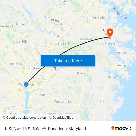 K St Nw+15 St NW to Pasadena, Maryland map