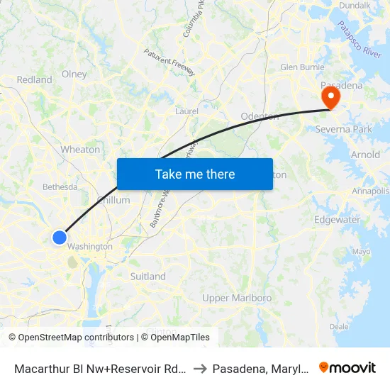 Macarthur Bl Nw+Reservoir Rd NW to Pasadena, Maryland map