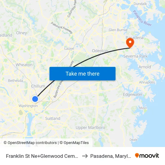 Franklin St Ne+Glenwood Cemetery to Pasadena, Maryland map