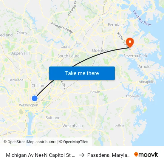 Michigan Av Ne+N Capitol St NE to Pasadena, Maryland map