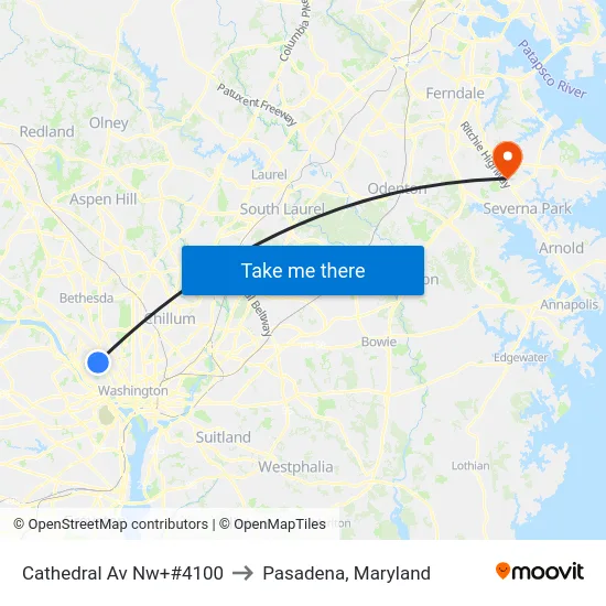 Cathedral Av Nw+#4100 to Pasadena, Maryland map