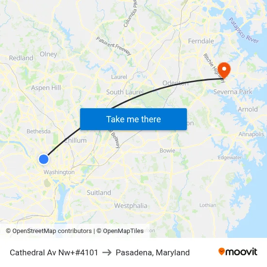 Cathedral Av Nw+#4101 to Pasadena, Maryland map