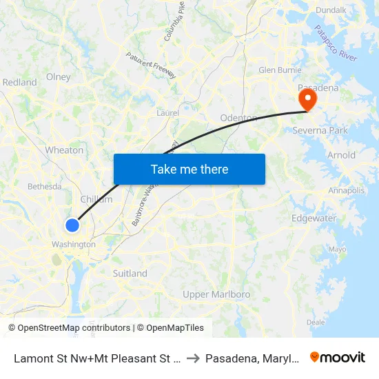 Lamont St Nw+Mt Pleasant St NW to Pasadena, Maryland map