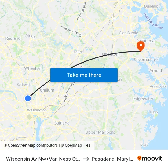 Wisconsin Av Nw+Van Ness St NW to Pasadena, Maryland map