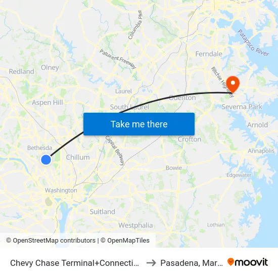 Chevy Chase Terminal+Connecticut Av NW to Pasadena, Maryland map