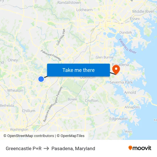 Greencastle P+R to Pasadena, Maryland map