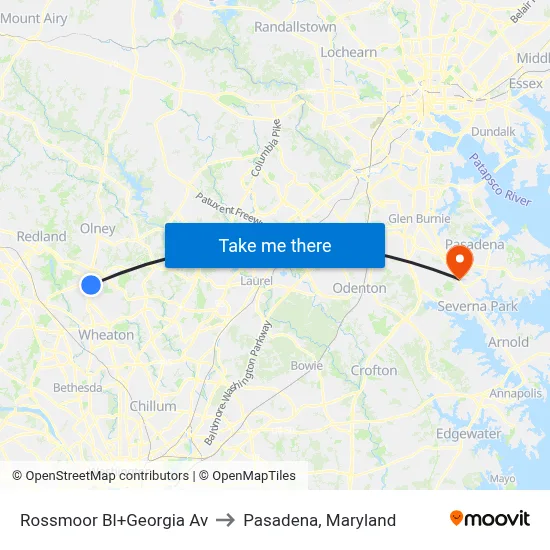 Rossmoor Bl+Georgia Av to Pasadena, Maryland map