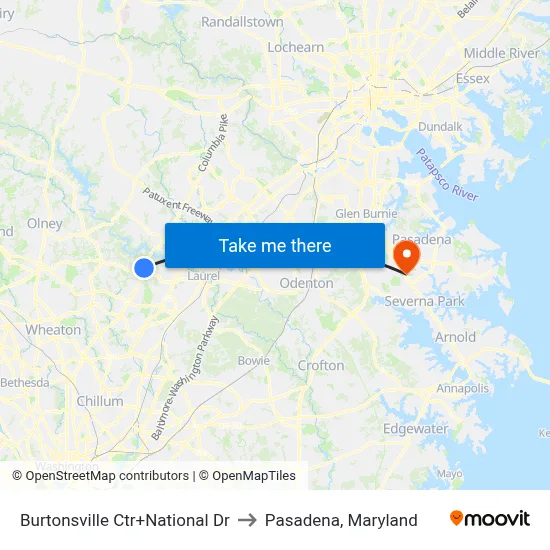 Burtonsville Ctr+National Dr to Pasadena, Maryland map