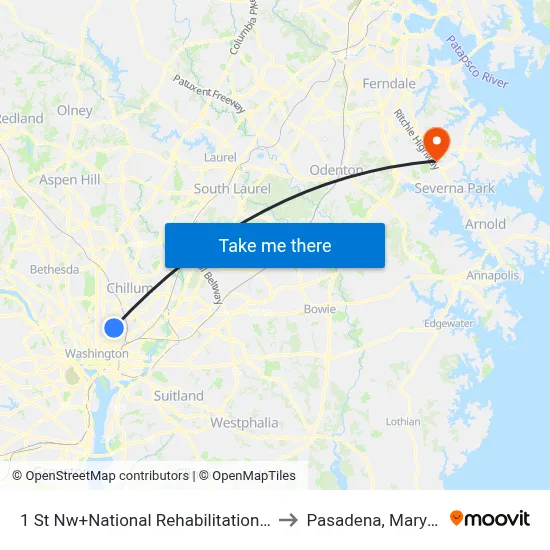 1 St Nw+National Rehabilitation Hosp to Pasadena, Maryland map