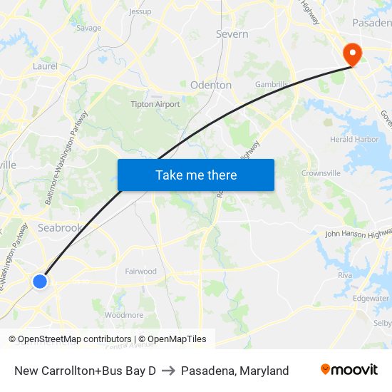 New Carrollton+Bay D to Pasadena, Maryland map