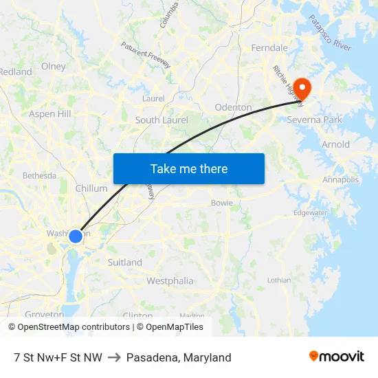 7 St Nw+F St NW to Pasadena, Maryland map