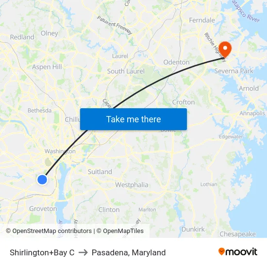 Shirlington+Bay C to Pasadena, Maryland map
