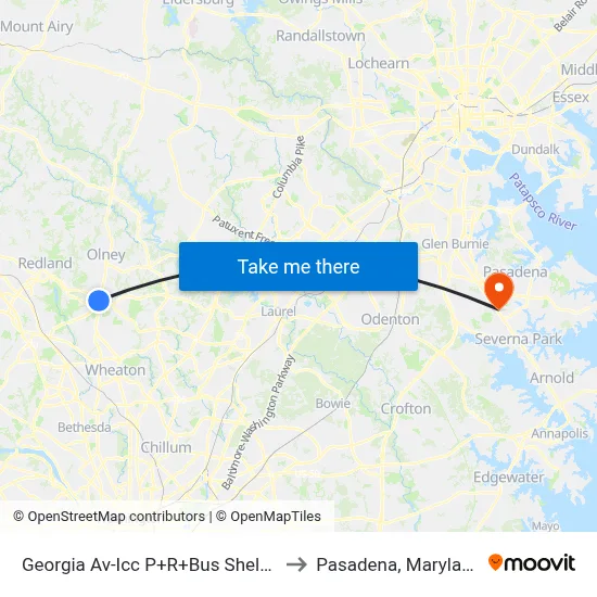 Georgia Av-Icc P+R+Bus Shelter to Pasadena, Maryland map
