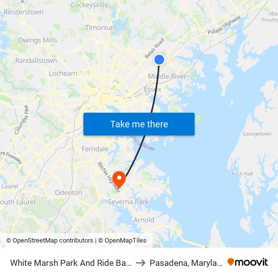 White Marsh Park And Ride Bay 1 to Pasadena, Maryland map