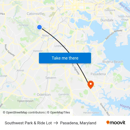 Southwest Park & Ride Lot to Pasadena, Maryland map