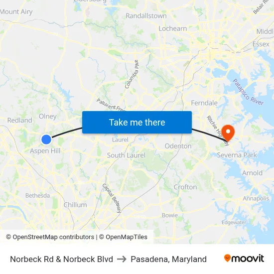 Norbeck Rd & Norbeck Blvd to Pasadena, Maryland map
