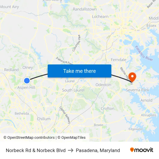 Norbeck Rd & Norbeck Blvd to Pasadena, Maryland map