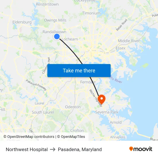 Northwest Hospital to Pasadena, Maryland map