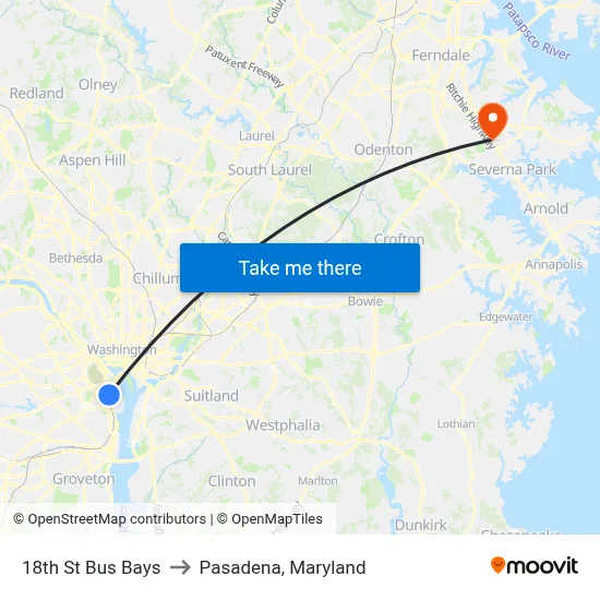 18th St Bus Bays to Pasadena, Maryland map
